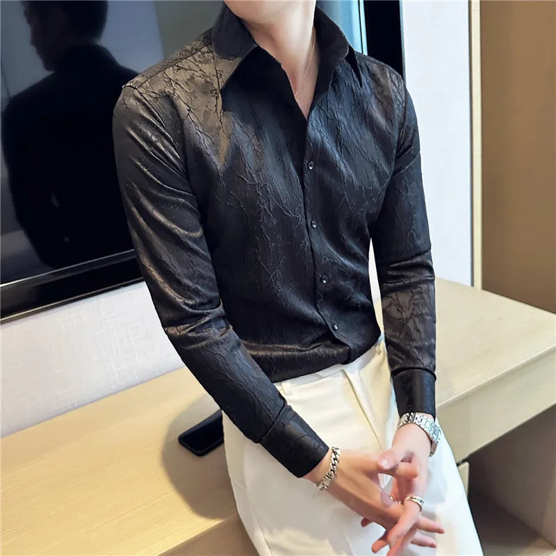 Threebooy  Men Spring High Quality Jacquard Design Casual Long-sleeved Shirts/Male Slim Fit Lapel High Quality Business Shirt Homme