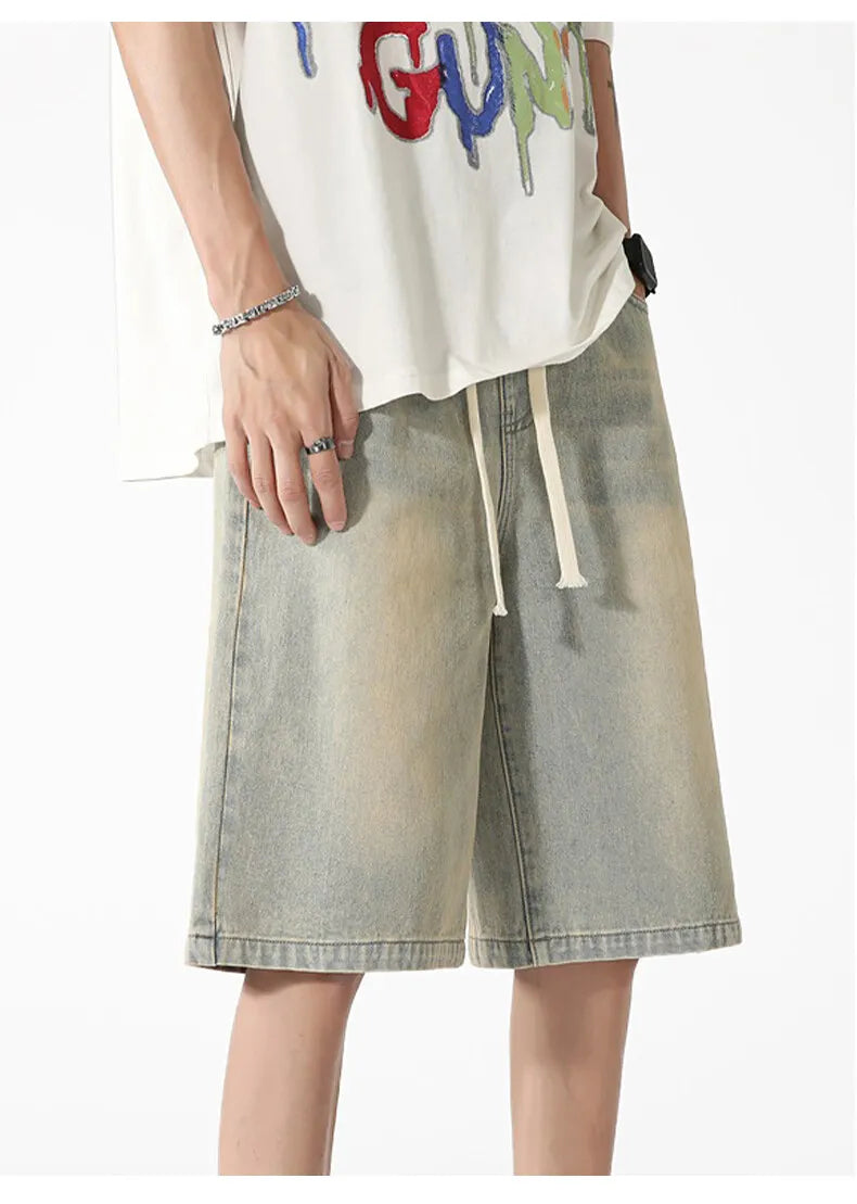 Threebooy Mens Denim Shorts Elastic Waist Drawstring Washed Classic Casual Summer Streetwear Vintage Stonewash Comfort Fit 2025 Fashion