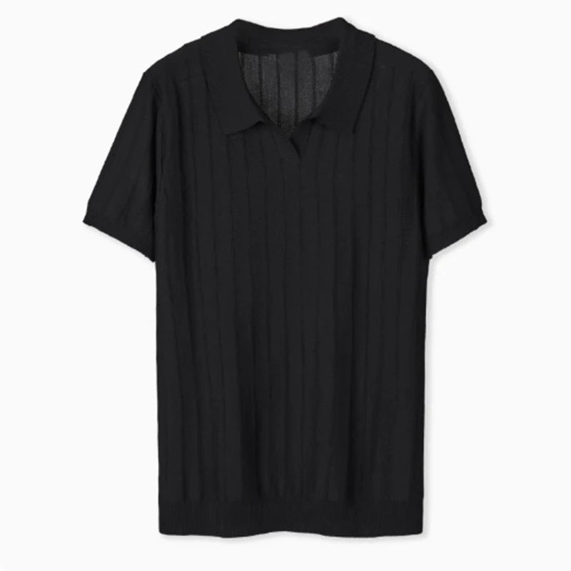 Threebooy  New Men's Clothing Luxury Business V Neck Polo Shirt Casual Slim-fit Knitted Solid Color Short Sleeve T-shirt High Quality Tops