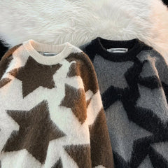 Threebooy Men's Star Pullover Sweater Knit Women's Loose Autumn Winter Couple Knitted Round Neck Long Sleeves Casual Sweaters Tops