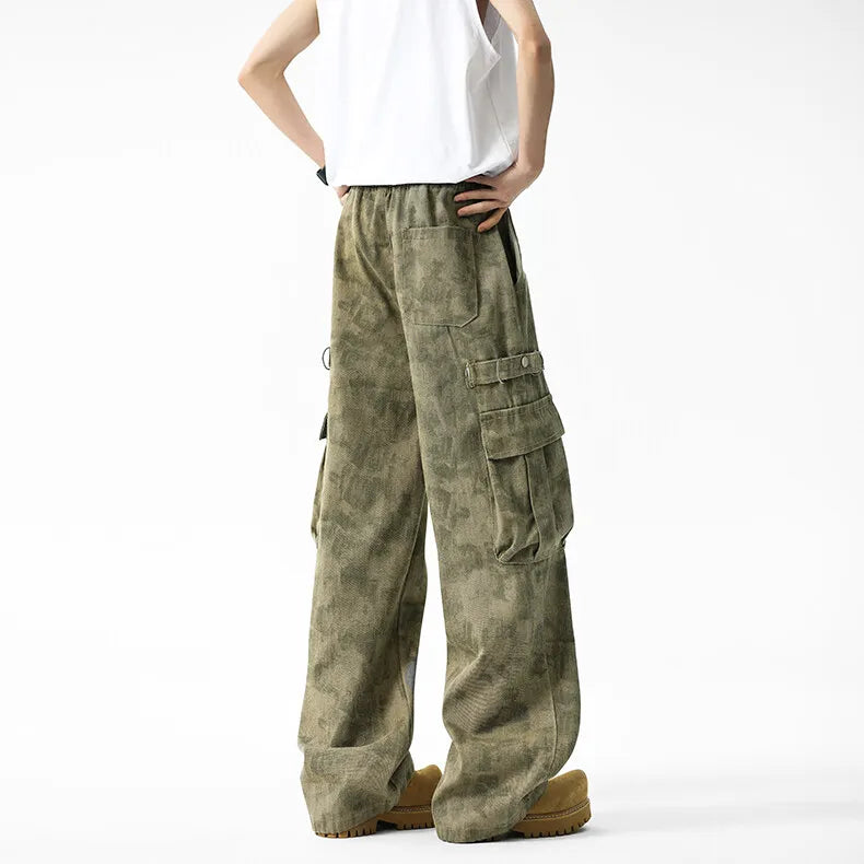 Threebooy Men Military Camo Workwear Cargo Pants Elastic Waistband Drawstring Tactical Joggers Loose Straight Leg Big Side Pockets Outdoor