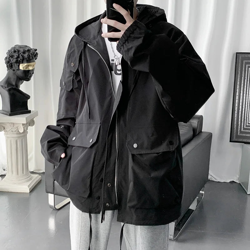 Threebooy Japan Style Autumn Winter Cargo Jacket Men Muti-Pockets High Quality Hooded Zipper Jackets Streetwear Outdoor Jacktes Men