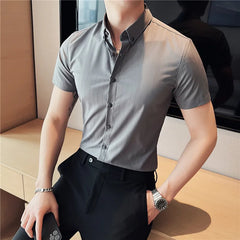 Threebooy  Summer Hipster Design Lapel Shirt for Men Casual Stripe Cotton Soft Slim Fit Short Sleeve Grey Black Tuxedo Shirts S-4XL