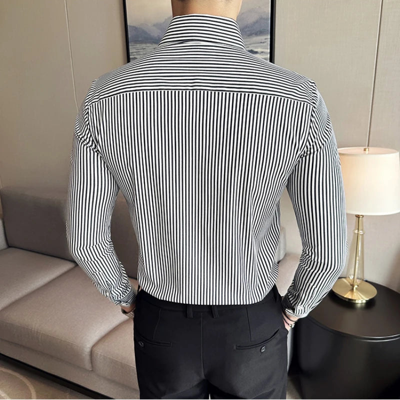 Threebooy Men Clothing Slim Fit Business Formal Wear Men's Social Shirt Dress Tuxedo Stripe New Solid Long Sleeve Shirts Plus Size 4XL-M