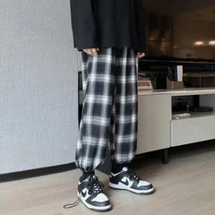 Threebooy Casual Pants Men Fashion Retro Plaid Pants Men Streetwear Loose Hip-hop Straight Pants Mens Vintage Trousers Large Size 5XL