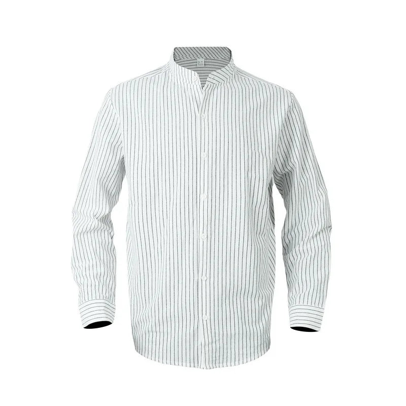 Threebooy 2025 New Autumn New Men's Casual Shirt Business Casual Style Linen Shirt Striped Stand Collar Long Sleeve Cardigan Shirt Men