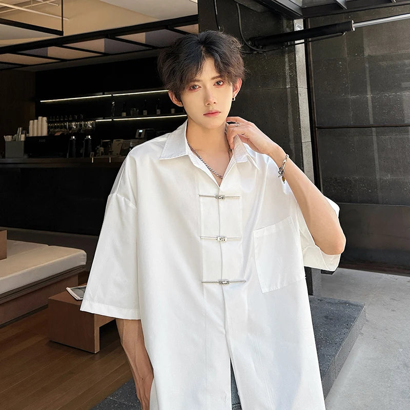 Threebooy Chic Buttons Decor Shirt Men Lapel Short Sleeve Korean Style Fashion Men Clothing Summer Personality Streetwear Casual Shirts
