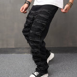 Threebooy Men High Street Stylish Ripped Patch Jeans Pants Male Loose Straight  Solid Casual Denim Trousers