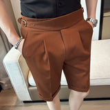 Threebooy Elastic waist Suit Shorts Men's Summer Thin Straight Casual Shorts Business Formal Knee Length Short Pants Hommes Streetwear