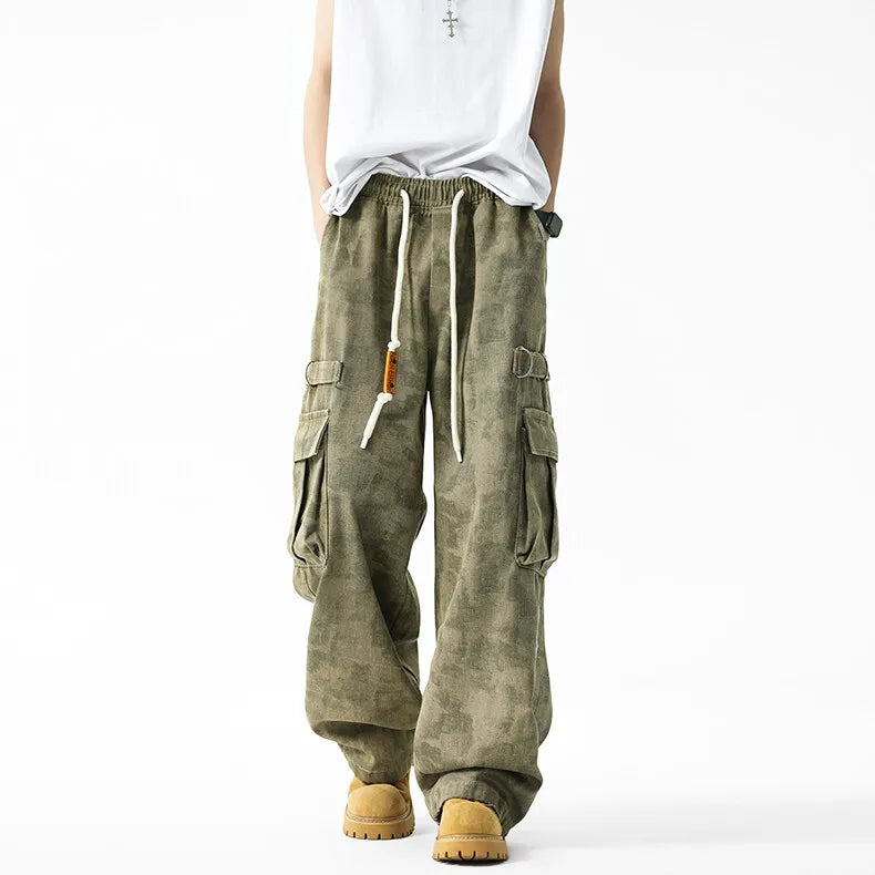 Threebooy Men Military Camo Workwear Cargo Pants Elastic Waistband Drawstring Tactical Joggers Loose Straight Leg Big Side Pockets Outdoor