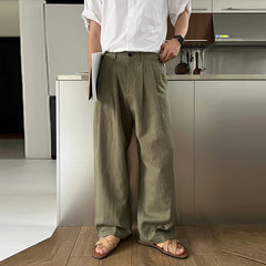 Threebooy  Men's Korean Light Luxury Draped Linen Wide Leg Pants Leisure Button-down Solid Color Straight Premium Elegant Sweatpants M-3XL