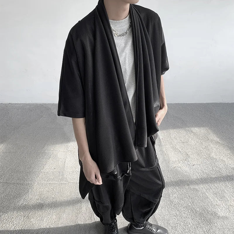 Threebooy Summer Japanese Darkness shirt Man Cardigan Harajuku Woman Black Coat Cloak Beach Shirt Obi Streetwear Loose Thin Outer