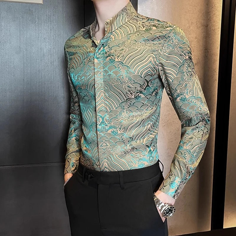 Threebooy  Spring Autumn Stand Up Collar Long Sleeved Printed Shirts Men Fashion Casual Business Social Formal Chinese Style Men's Shirt