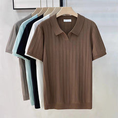 Threebooy  New Men's Clothing Luxury Business V Neck Polo Shirt Casual Slim-fit Knitted Solid Color Short Sleeve T-shirt High Quality Tops