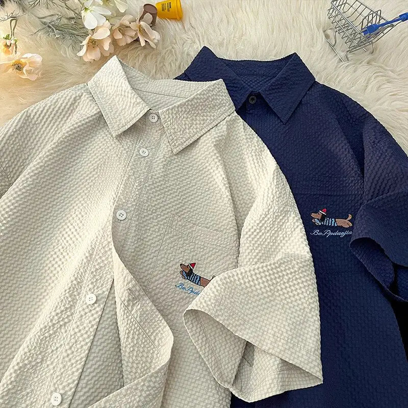 Threebooy Bubble Yarn Embroidered Shirt Short-sleeved Summer Thin Breathable Quick-drying Beach Shirt Couple Half-sleeved Jacket