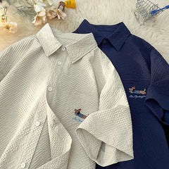 Threebooy Bubble Yarn Embroidered Shirt Short-sleeved Summer Thin Breathable Quick-drying Beach Shirt Couple Half-sleeved Jacket