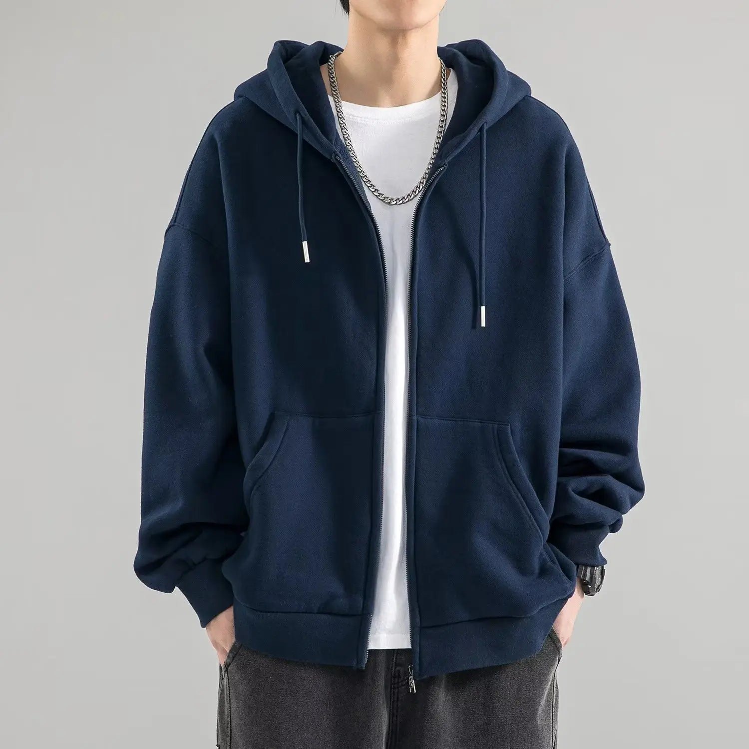 Threebooy Solid Zipper Cardigan Sweatshirt for Men in Spring Autumn Loose Versatile Hooded Student Hong Kong Style Men's Clothing Jacket