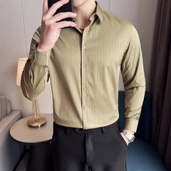 Threebooy  Four Season Men's British Shirt Long Sleeved Slim Striped Shirt Social Business Formal Shirt Men's Clothing Size 4XL-M