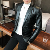 Threebooy Blazer Hombre PU Leather Jackets Men Fashion Solid Slim Fit One Button Business Casual Blazers For Men Korean style Suit Jacket