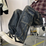 Threebooy Men's Patchwork Blue Cargo Jeans Unisex Straight Casual Trousers Men Muti-pockets Hip Hop Streetwear 90s Vintage Fashion Pants