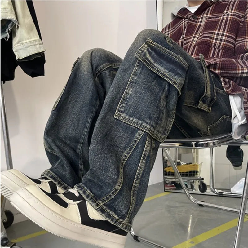Threebooy  Men's Patchwork Blue Cargo Jeans Unisex Straight Casual Trousers Men Muti-pockets Hip Hop Streetwear 90s Vintage Fashion Pants