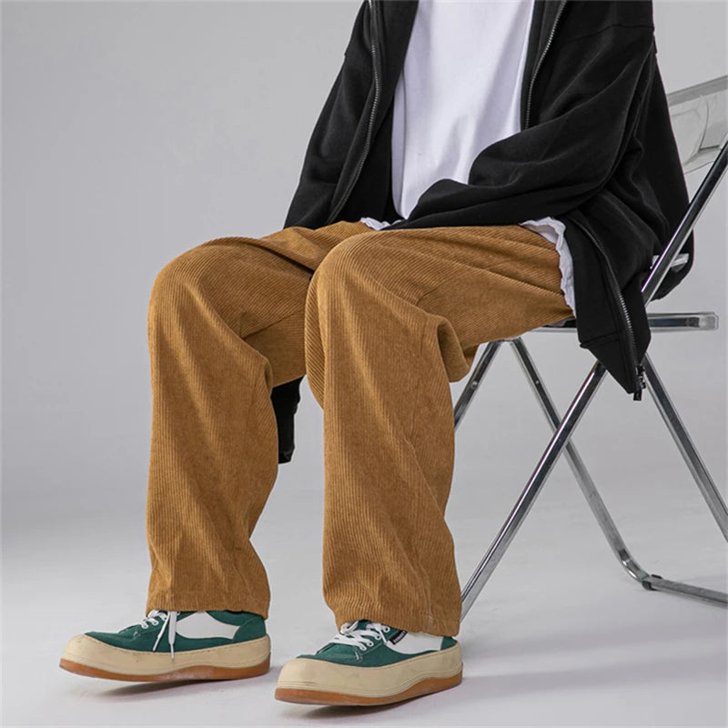 Threebooy Men's Corduroy Pants Trendy Brand Loose Straight Pants Korean Wide Leg Pants Couple Style Home Casual Pants Beige Black Brown