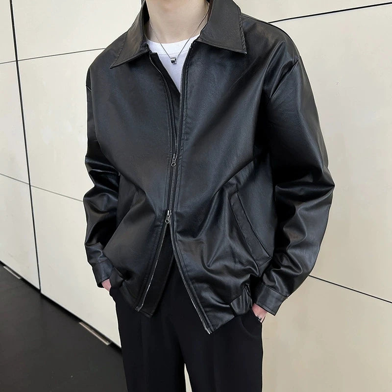 Threebooy  New Autumn Men's Casual Textured PU Leather Jacket High Street Zip-up Turn-down Collar Solid Color Long Sleeve Retro Coats M-3XL