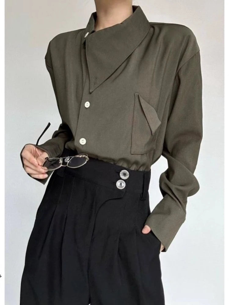 Threebooy New Chinese Retro Design Niche Shirt Korean Style Fashion Trend Irregular High-end Shirt Neckline Chic Jacket Men Aesthetic