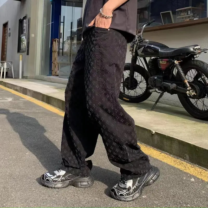 Threebooy Street American Straight Wide-leg Jeans Green Vintage Jacquard Jeans Men's Pantalones Hombre Y2K Fashion Streetwear Loose Pants