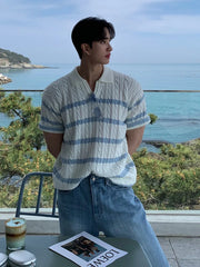 Threebooy 2025 Summer Simple Men's T-shirts Lapel Striped Button Design Knitted Clothing Short Sleeved Casual Male Tees Menswear