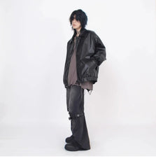 Threebooy Japanese Street Hot Casual Jacket American Fashion Loose Versatile Lazy Style Spring Autumn Leather Jacket Long-sleeved Coat Men