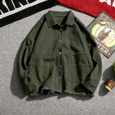 Threebooy Japanese Cargo Retro Jacket Men 2025 Spring Loose Large Size Army Green Denim Jacket Preppy Trendy High-end Simple Jacket Chic