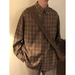 Threebooy Men's Fashion Coffee Checkered Long Sleeved Shirt Blouse Spring Autumn Elegant Loose Shirt Jacket
