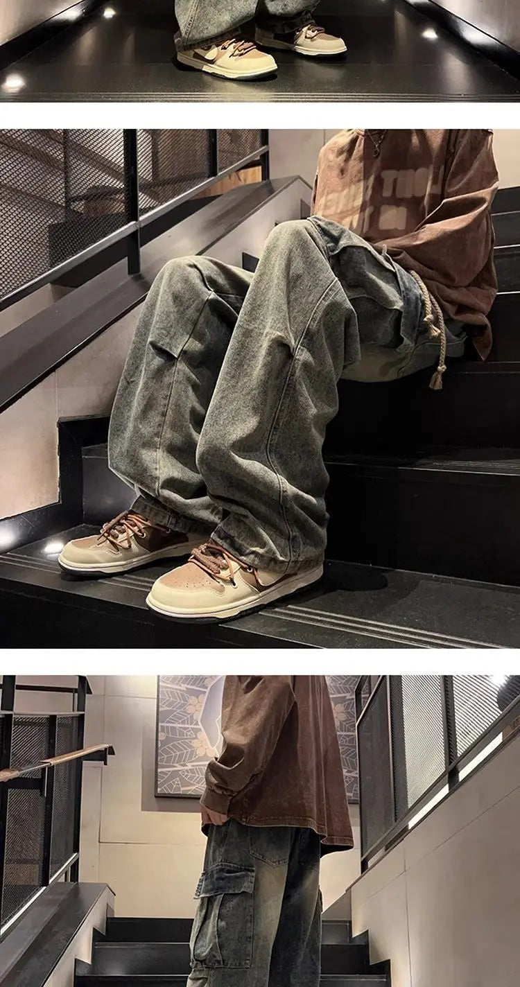 Threebooy High street hip-hop men and women trendy personality large pocket straight leg washed denim jeans couple retro casual pants y2k