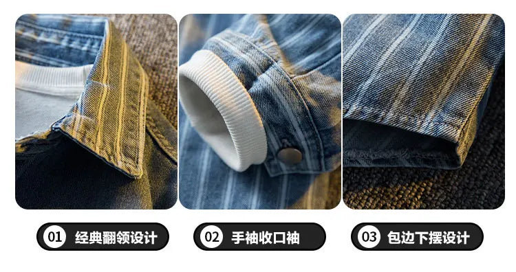 Threebooy American Striped Spliced Denim Jacket Men 2025 Autumn Trendy Handsome Men Women Casual Loose Work Shirt Jacket Aesthetic Chic
