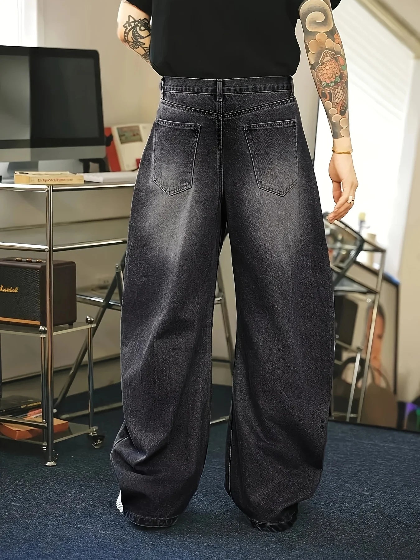 Threebooy  1Pc Men's Daily Travel Casual American Street Loose Jeans, Black, Light Blue, Sea Blue Fashion Street Style Retro Lantern Jeans  Denim Pants