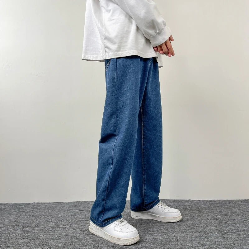 Threebooy New Korean Fashion Men's Casual Baggy Long Jeans Classic Man Straight Denim Wide-leg Pants Solid Color