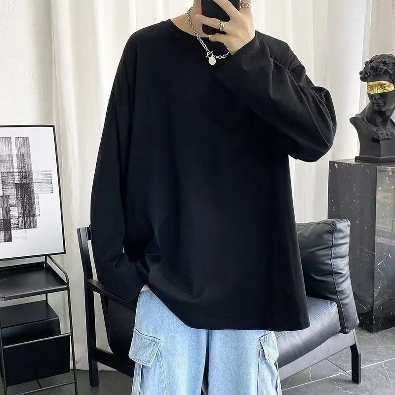 Threebooy  Long-sleeved T-shirt for Men in Autumn Loose and Versatile Solid Color Bottoming Korean Style Simple Top Casual Bottoming Shirt