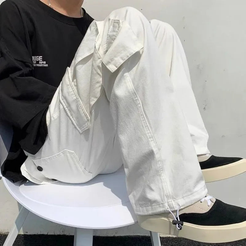 Threebooy  Male Trousers White Aesthetic Men's Cargo Pants Wide Multi Pocket Summer Multipockets Straight Clothing Long Fashion Regular Fit