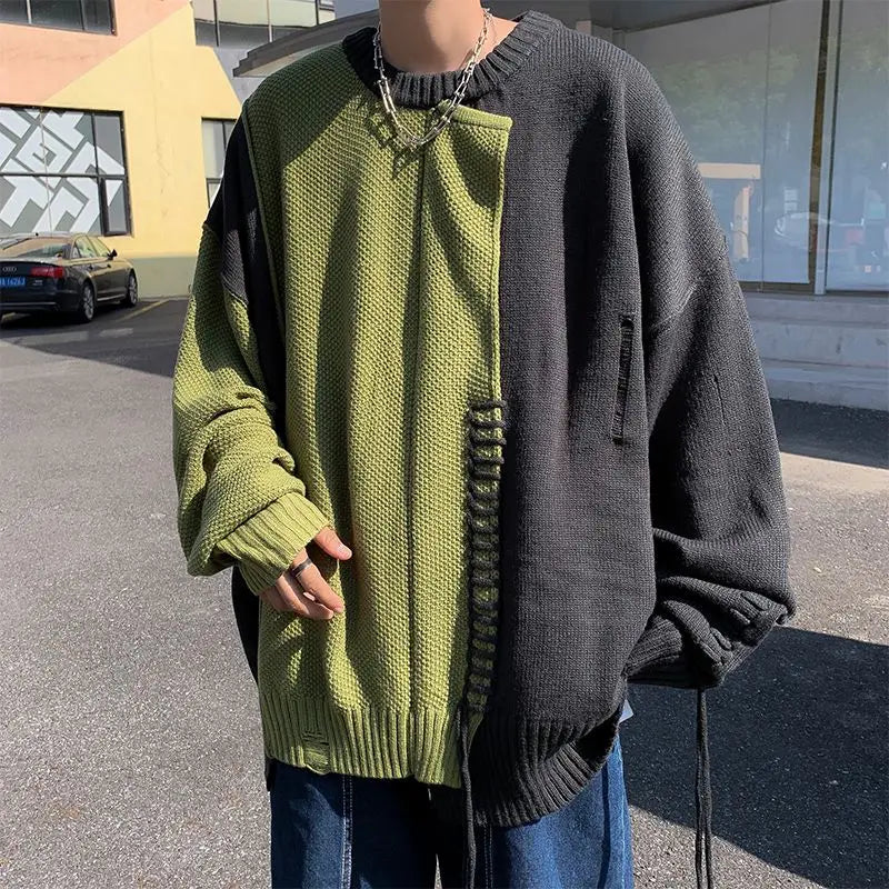 Threebooy Hip Hop Patchwork Men's Sweater With Pattern Vintage Harajuku Paired Japanese style system Clothes Knitted Pullovers New Year Pullover