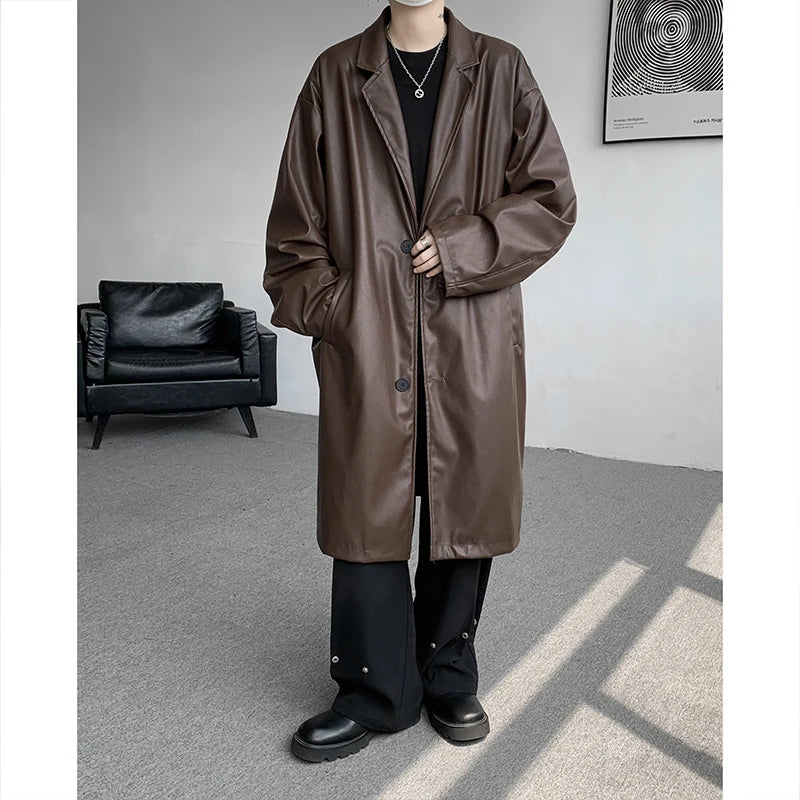 Threebooy Unisex Black PU Leather Long Trench Coat Men Women Gothic Trenchcoat Luxury Autumn Winter Loose Windbreaker Outerwear