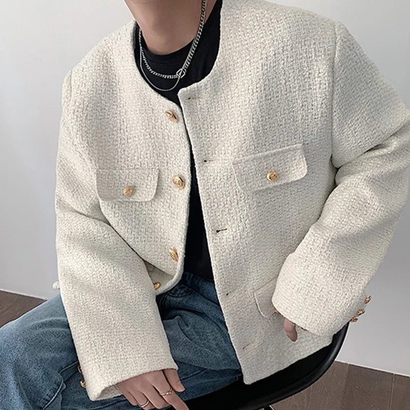 Threebooy Korean Style Fashionable Tweed Round Neck Jacket Men Japanese Trendy High-end Single-breasted Short Jacket with Temperament