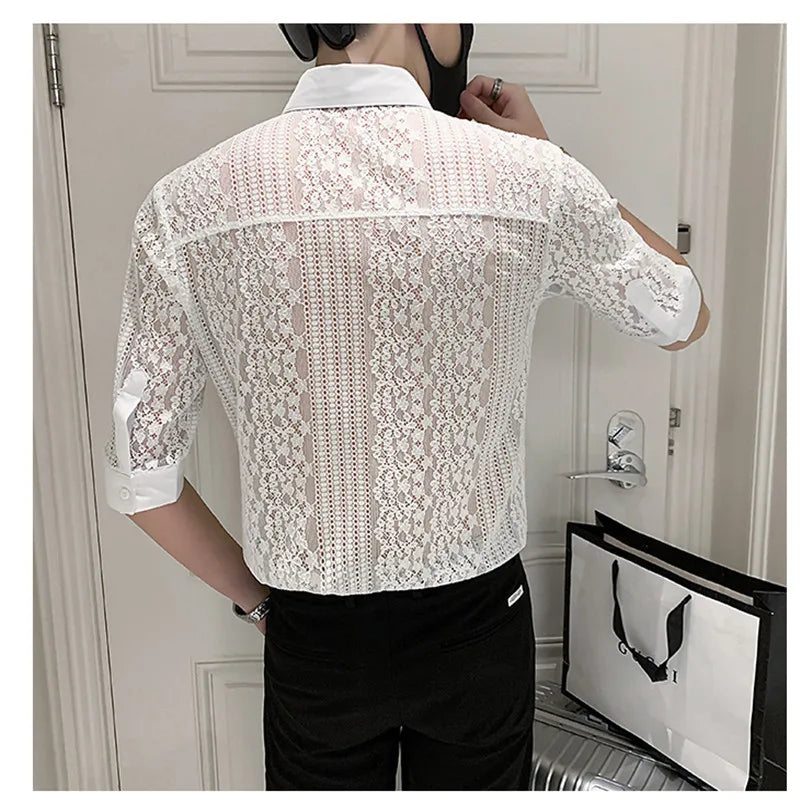 Threebooy  New Mens Black White Lace Hollow Patchwork Shirt Long Sleeve Luxury Party Promshirt Men's Petticoat Nightclub Dress Tuxedo