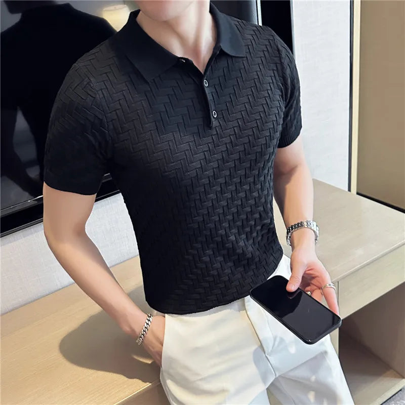 Threebooy Men's Summer Casual Short Sleeves High Quality Knitted Polo Shirts/Male Slim Fit Ice Silk Plaid Leisure Polo Shirts Tops S-3XL