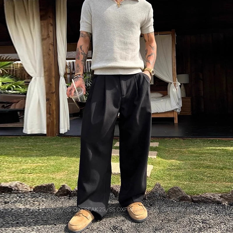 Threebooy  New Retro Fashion Men Suit Pants Light Luxury Draped Baggy Belt Button-down Solid Color Straight Trousers Elegant Dress Pants