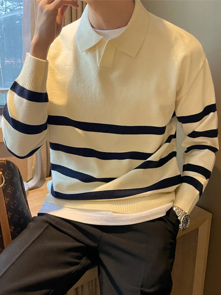 Threebooy  Autumn Simple Lapel Striped Sweater For Men Casual Vintage Korean Fashion Knitwear Top New Y2K Loose Knitted Pullover Jumper