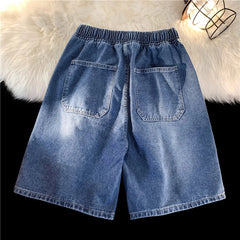 Threebooy Summer New Men's Denim Shorts Korean Street Loose Casual Shorts Fashion Elastic Waist Stitching Blue Five-point Pants