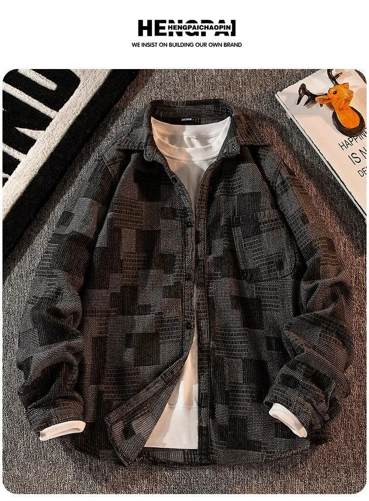 Threebooy Plaid Shirt Men's High-end Fashion Top Hong Kong Style Long-sleeved Loose Handsome Trendy Retro Shirt Casual Jacket Aesthetic