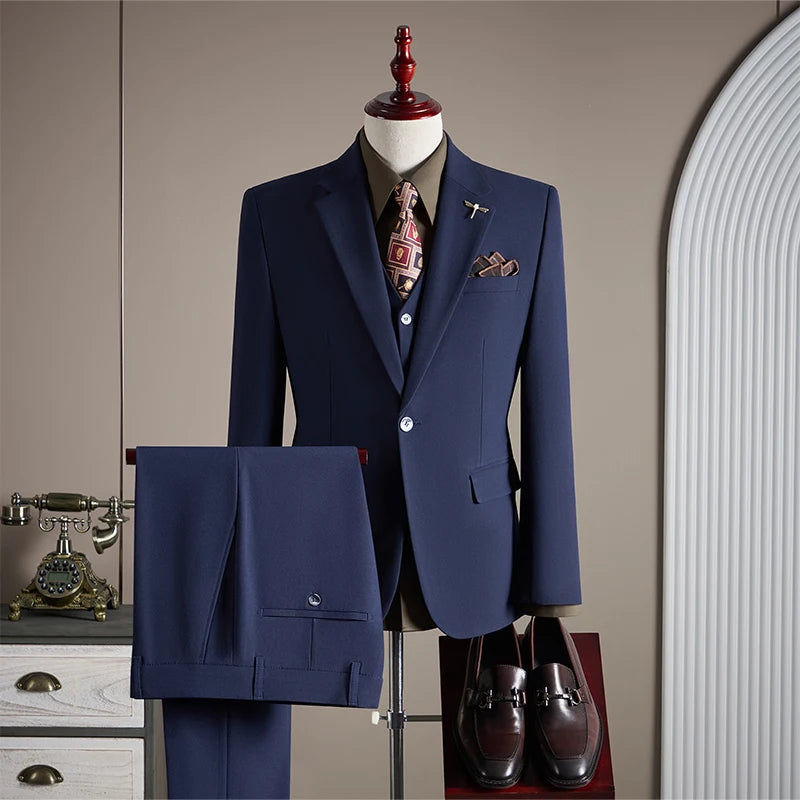 Threebooy  High-quality, fashionable and stylish plus-size men's solid-color suit set, men's three-piece set, one-button casual suit