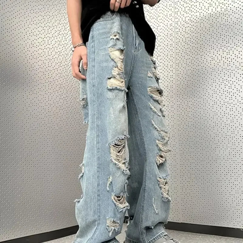 Threebooy Vintage Distressed Straight-leg Jeans American Style Slimming Bell Bottoms Loose Fit High-waisted Summer Thin Version For Men